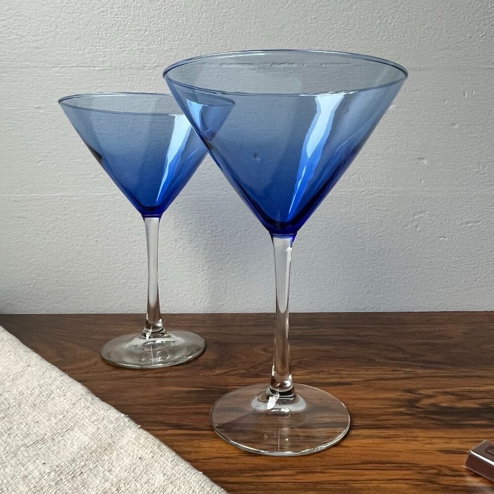 Cobalt Blue Glass Martini Cocktail 2 Glasses 7-1/4" Tall